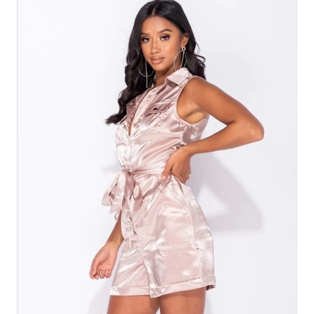 LIGHT PINK SATIN PATCH POCKET BUTTON FRONT SELF BELT PLAYSUIT - Picture 6 of 8